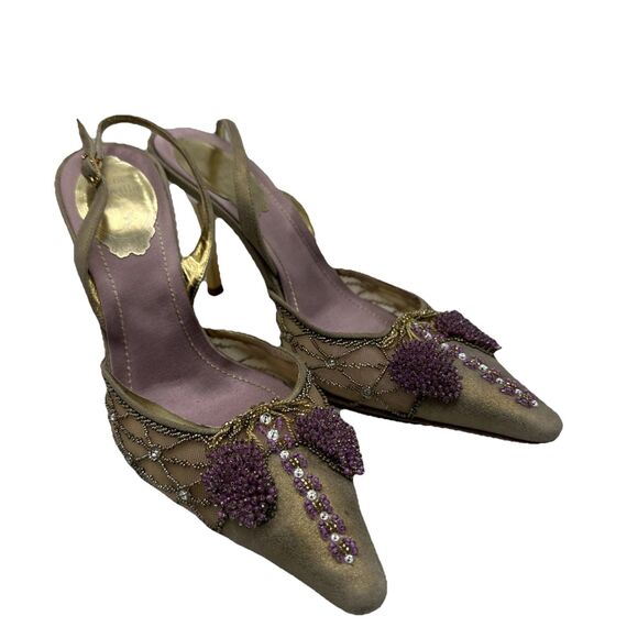 Rene Caovilla Gold Metallic Pink Beaded Leather Heels Slingbacks Sz 7 - Picture 1 of 10